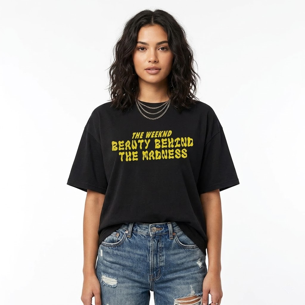 Yellow Typography Beauty Behind the Madness LA 0106 T-shirt 2 - The Weeknd Store Yellow Typography Beauty Behind the Madness LA 0106 T-shirt - Image 2